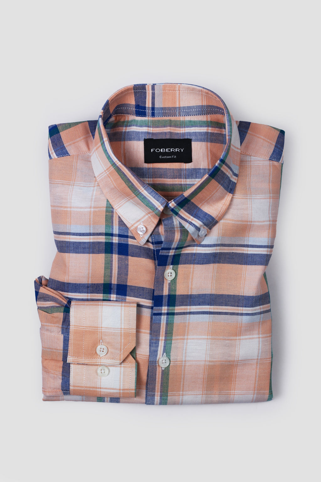 Orange Blue Plaid Cotton Linen Shirt - Foberry Pakistan