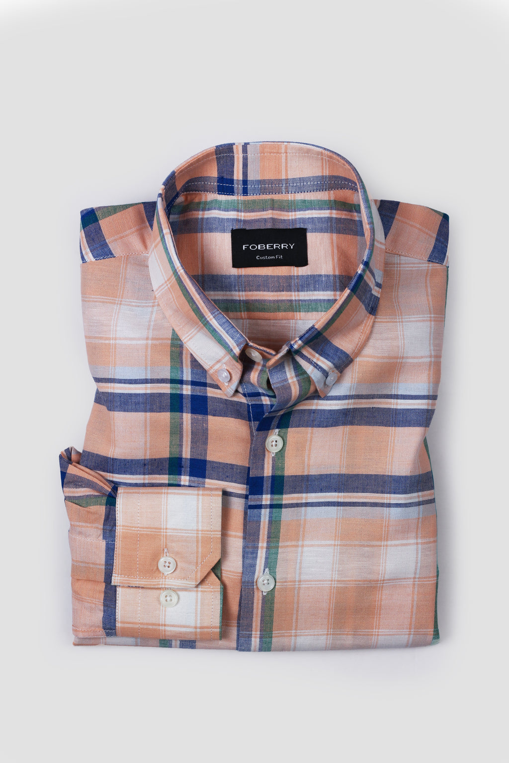 Orange Blue Plaid Cotton Linen Shirt - Foberry Pakistan