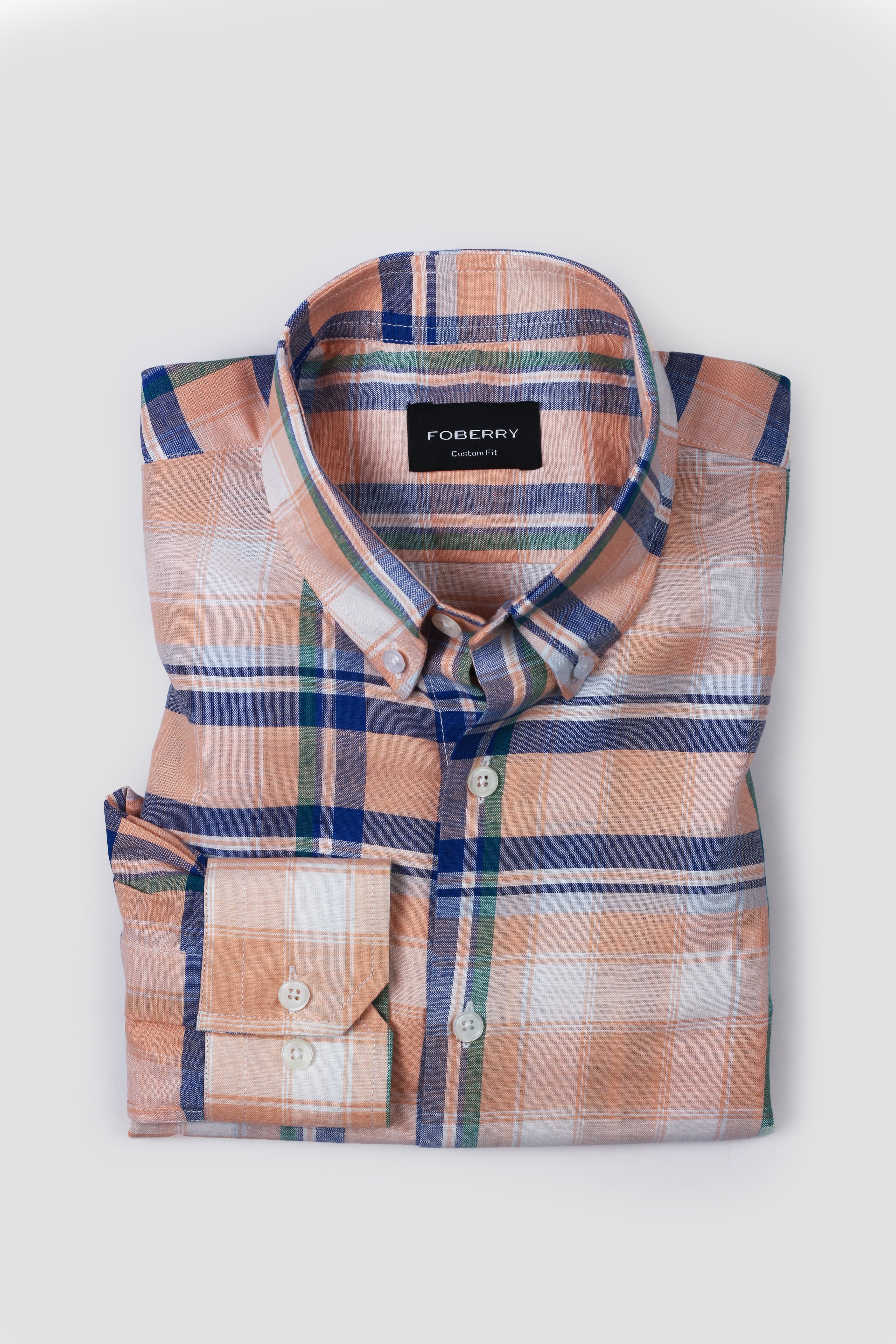 Orange Blue Plaid Cotton Linen Shirt - Foberry Pakistan