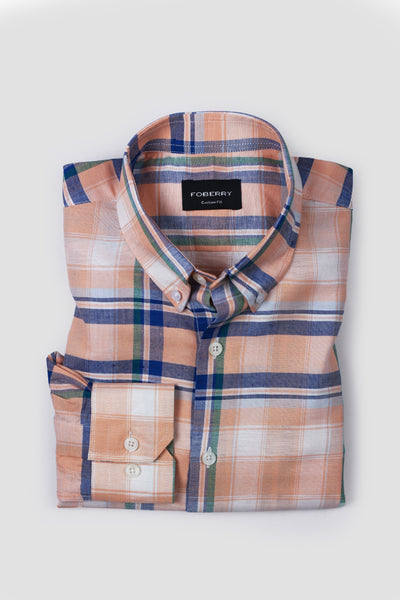 Orange Blue Plaid Cotton Linen Shirt
