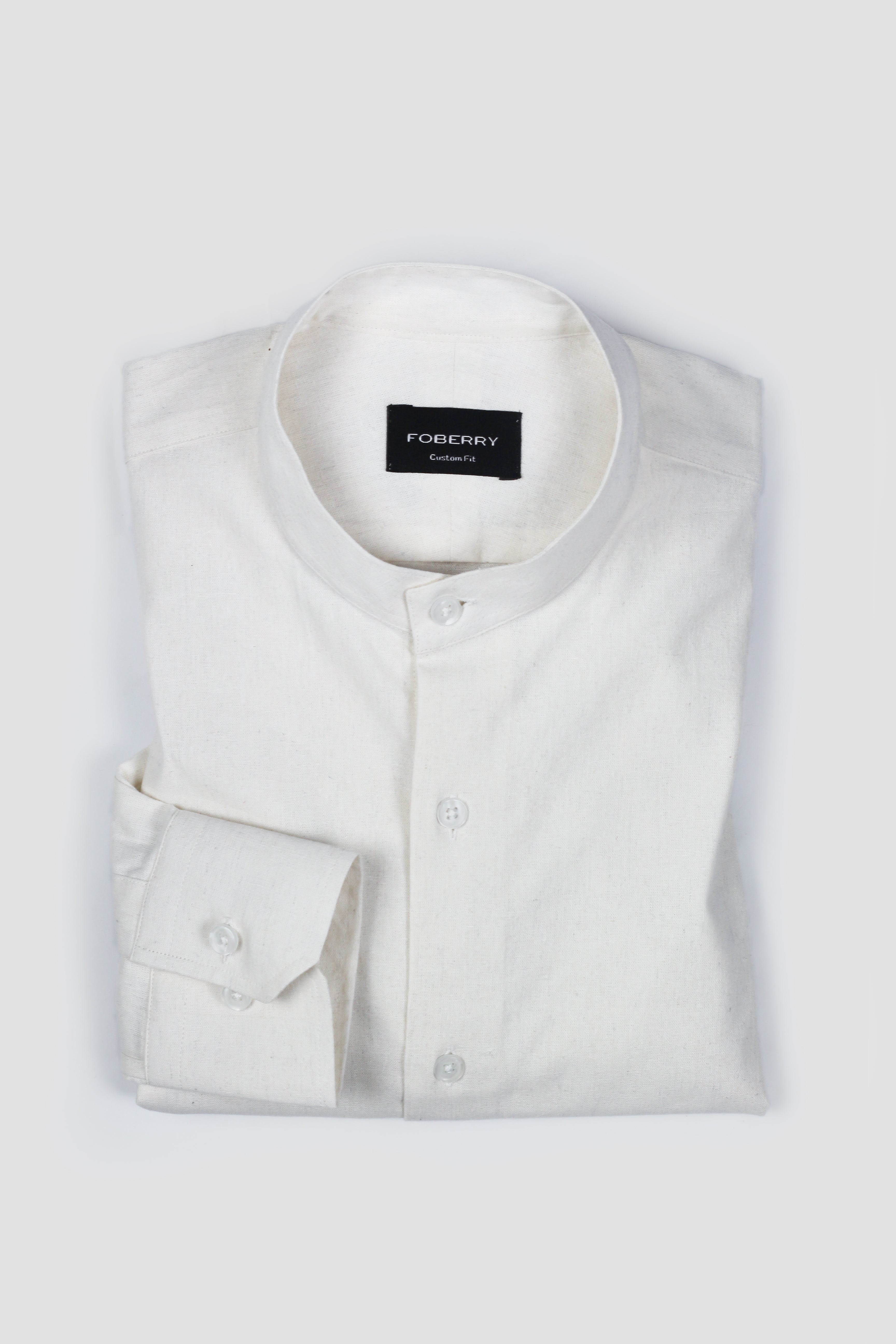 White Linen Shirt Band Collar - Foberry Pakistan