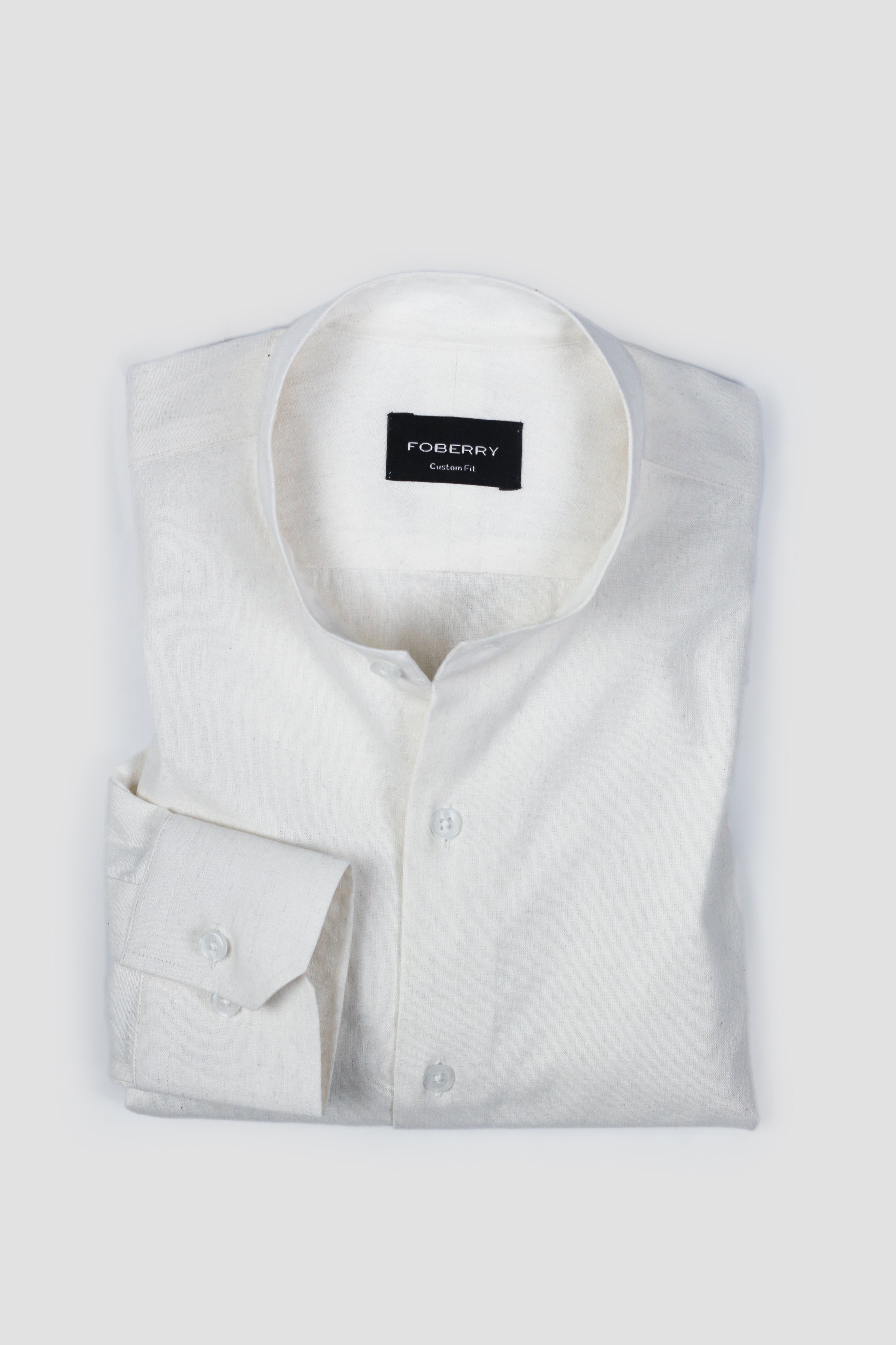 White Linen Shirt Band Collar - Foberry Pakistan