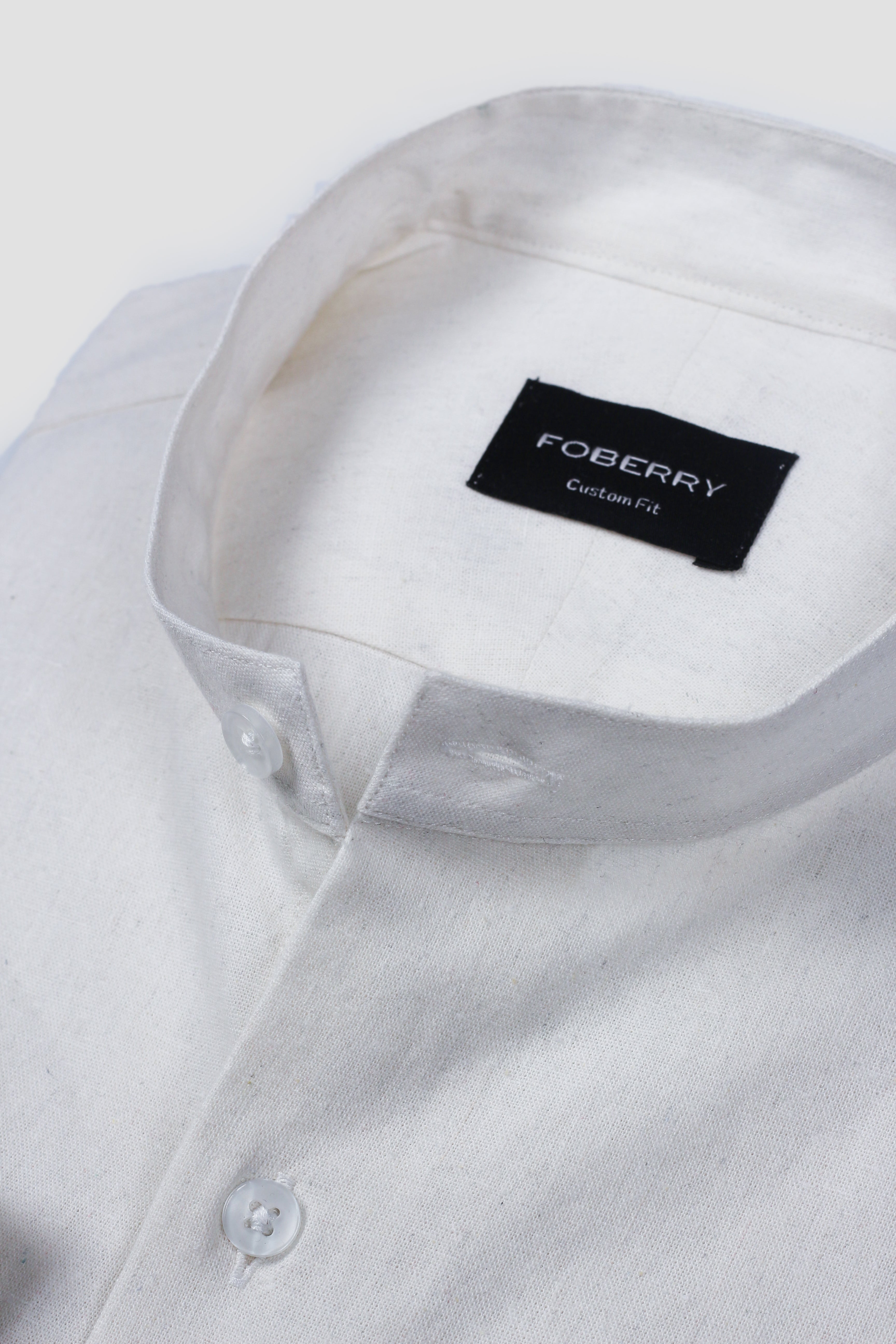 White Linen Shirt Band Collar - Foberry Pakistan