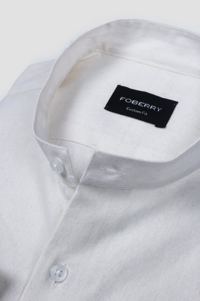 White Linen Shirt Band Collar - Foberry Pakistan