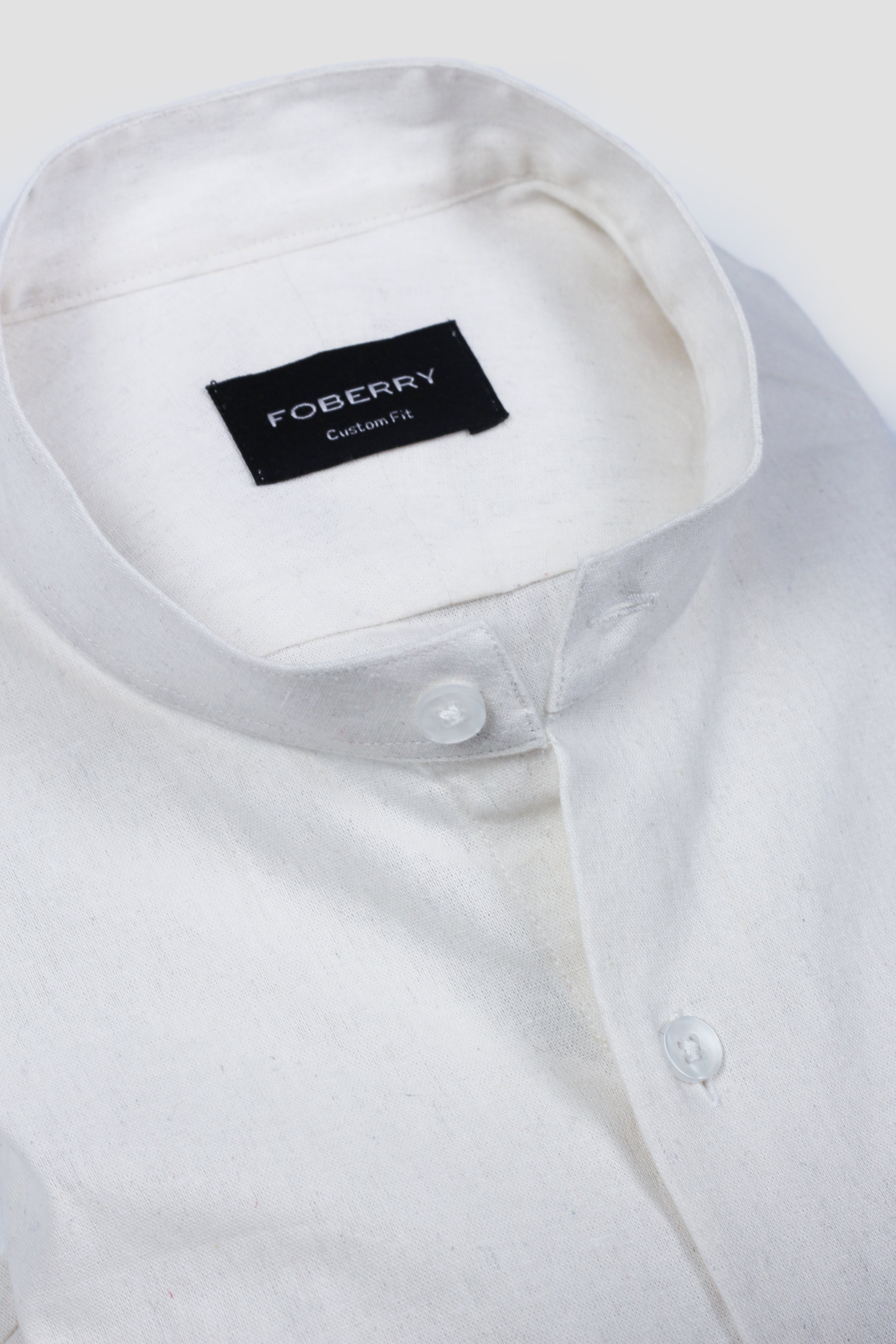 White Linen Shirt Band Collar - Foberry Pakistan