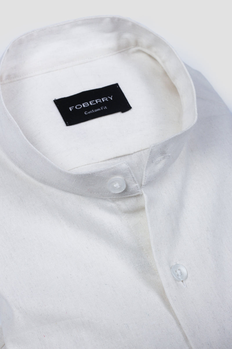 White Linen Shirt Band Collar - Foberry Pakistan