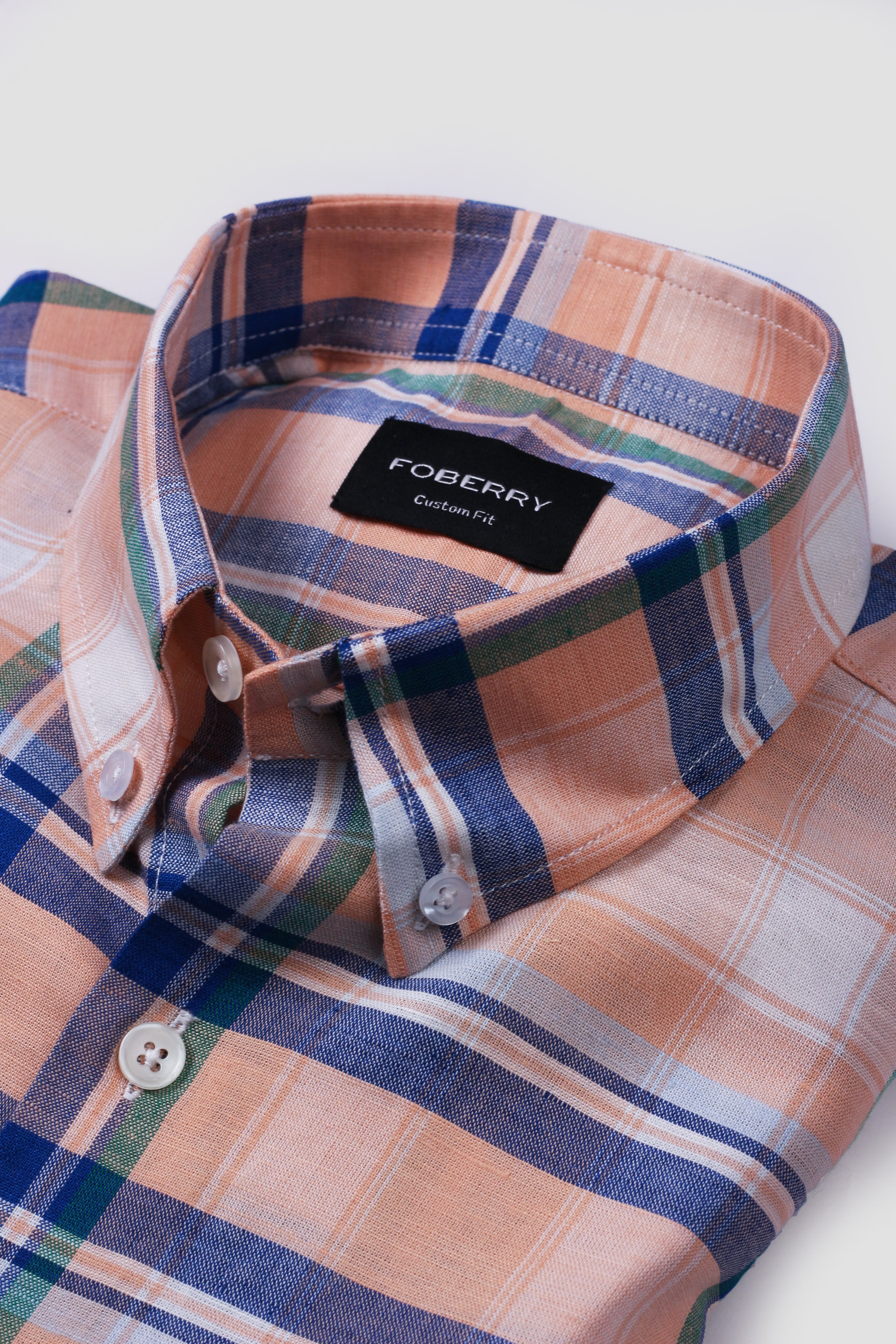 Orange Blue Plaid Cotton Linen Shirt - Foberry Pakistan