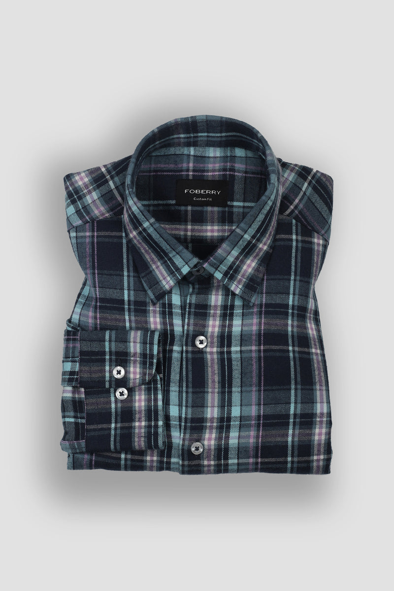 Teal Blue Tartan Winter Flannel Shirt