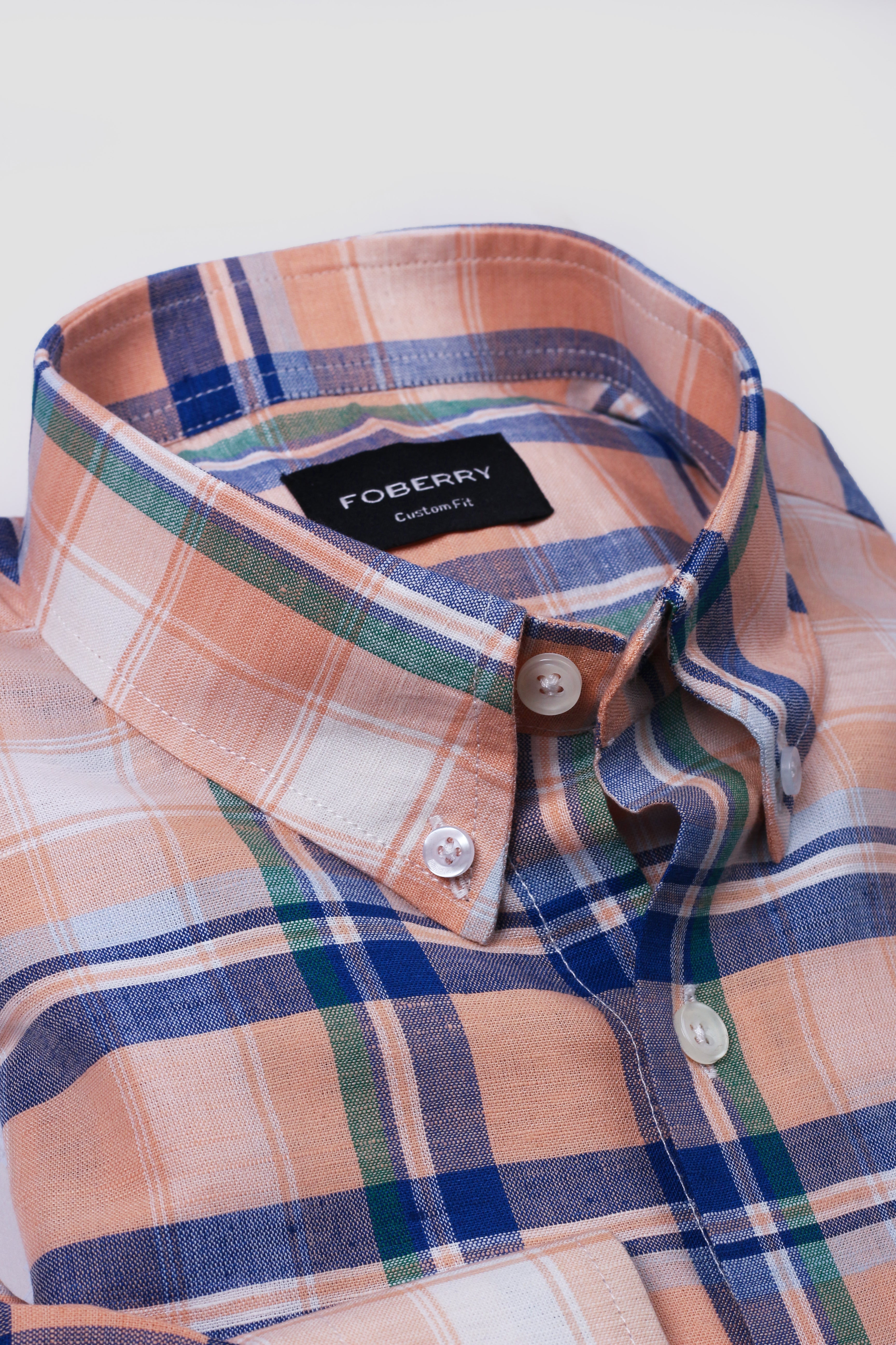 Orange Blue Plaid Cotton Linen Shirt - Foberry Pakistan
