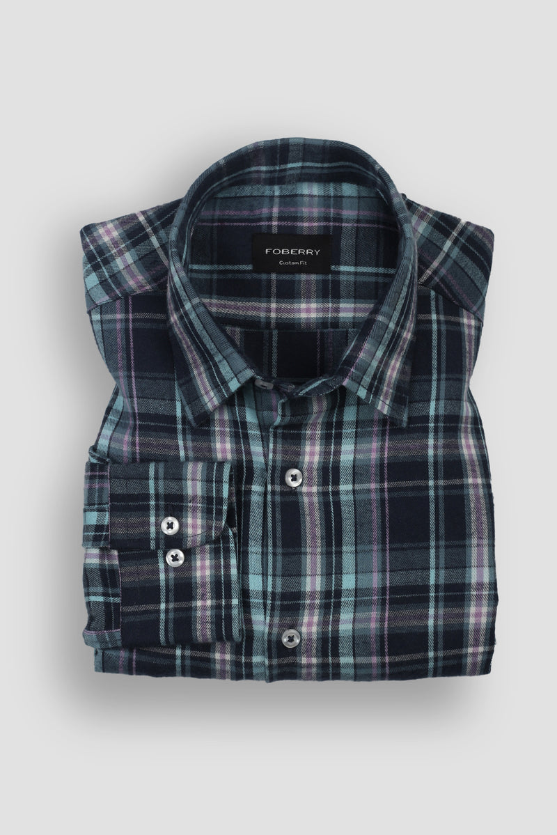 Teal Blue Tartan Winter Flannel Shirt