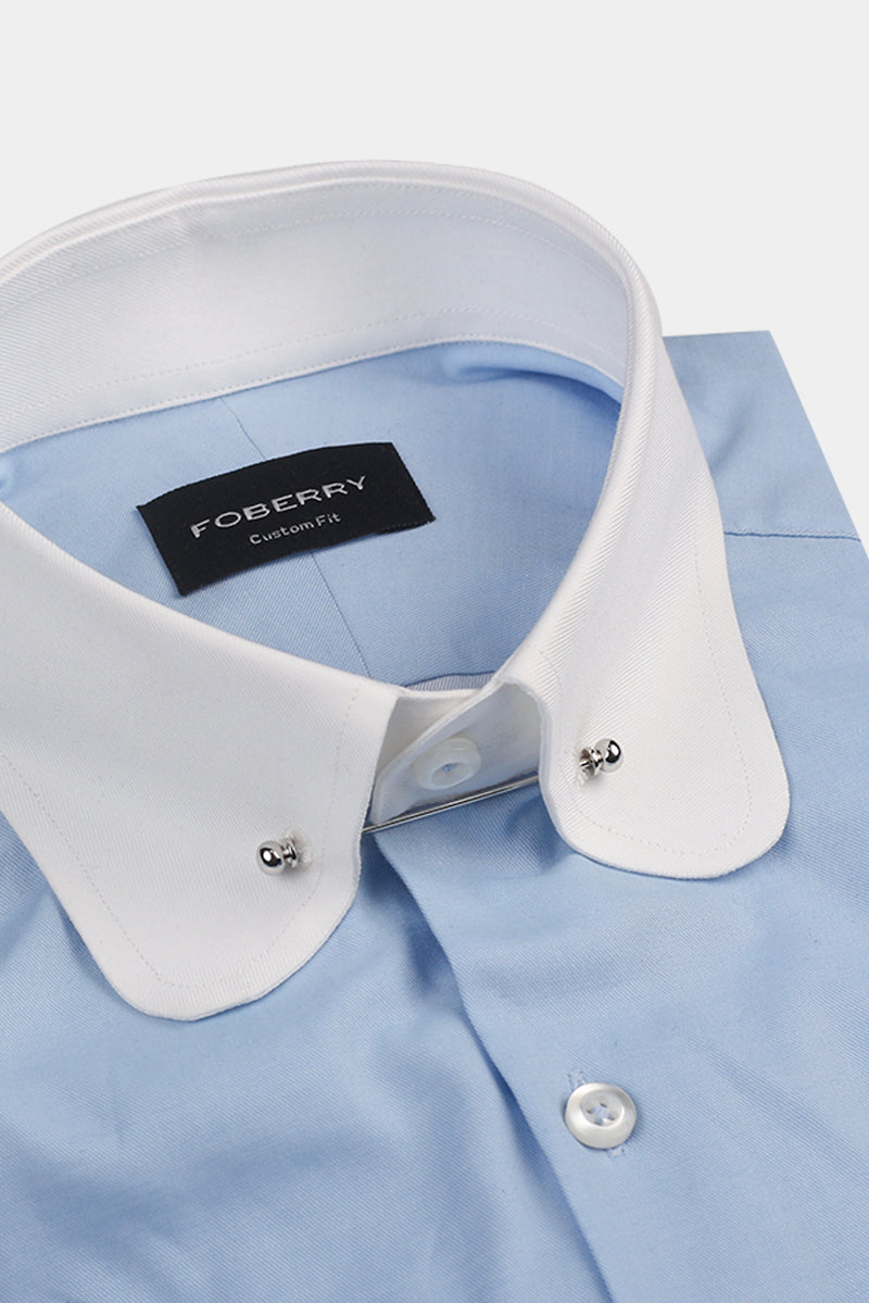 Sky Blue Twill Pin Collar Shirt