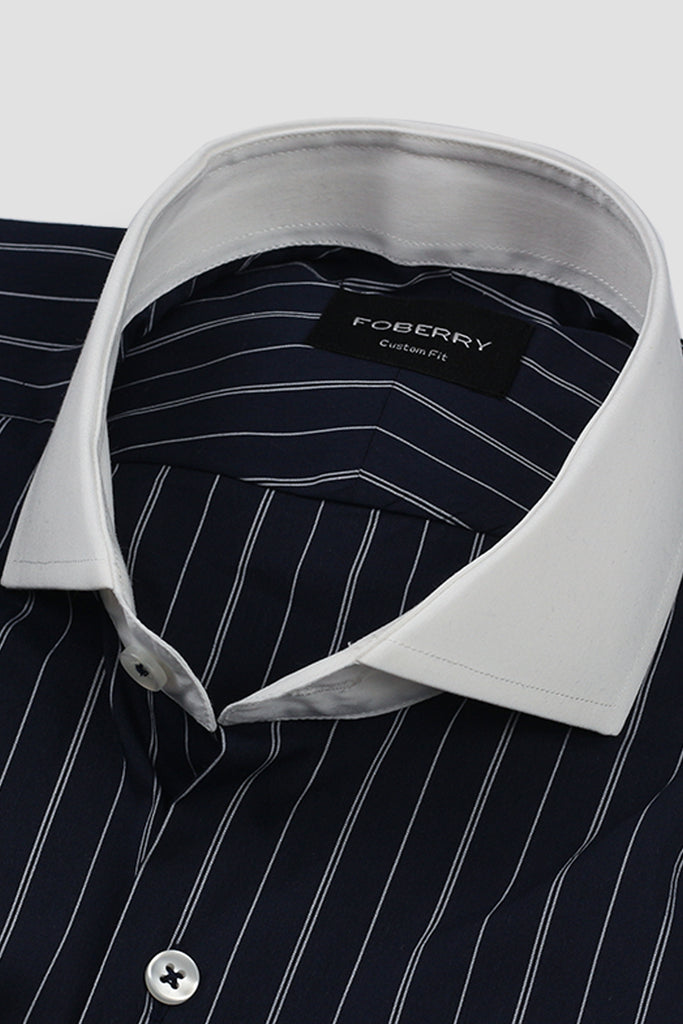 Soft Navy Blue Hairline Stripes Shirt