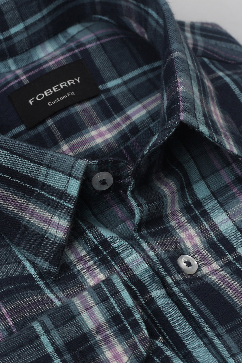 Teal Blue Tartan Winter Flannel Shirt