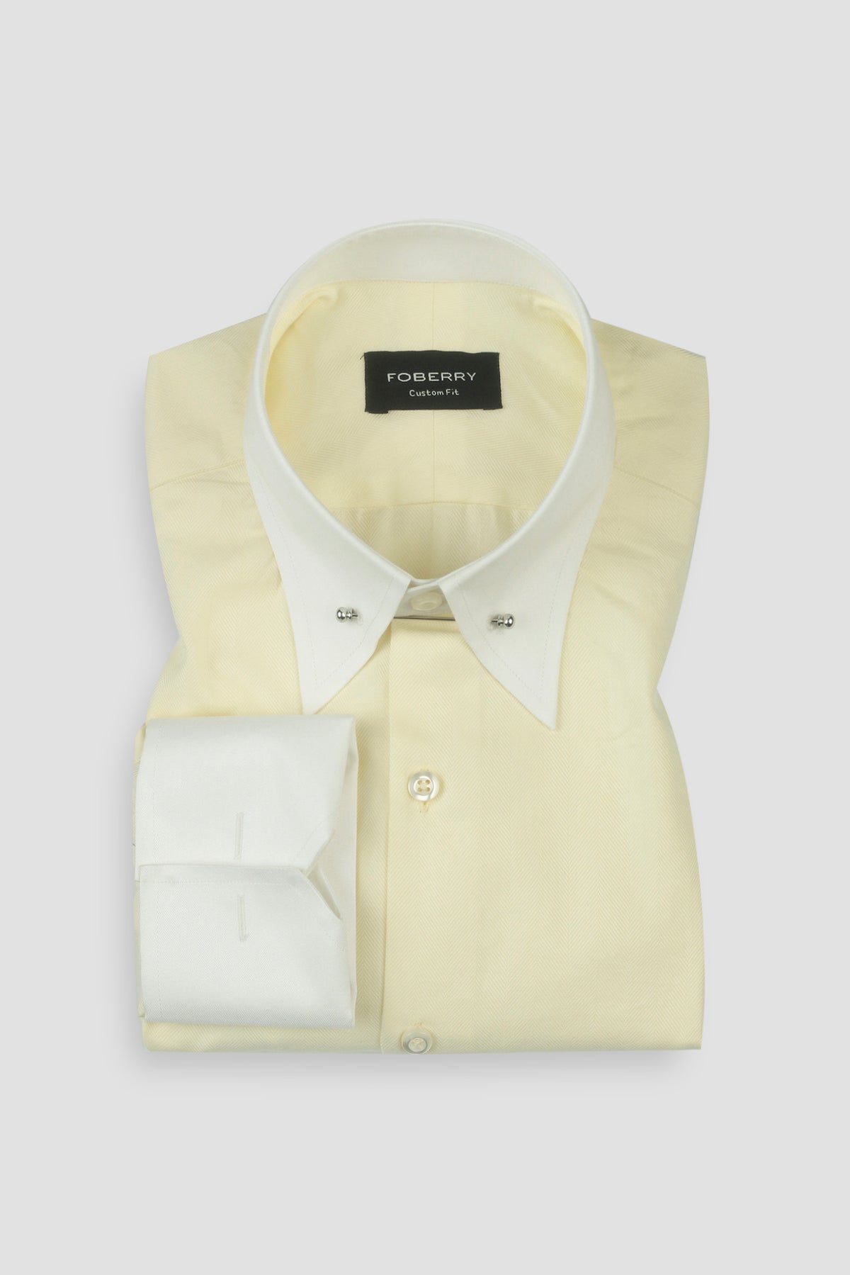 Pastel Yellow Herringbone Pin Collar Shirt