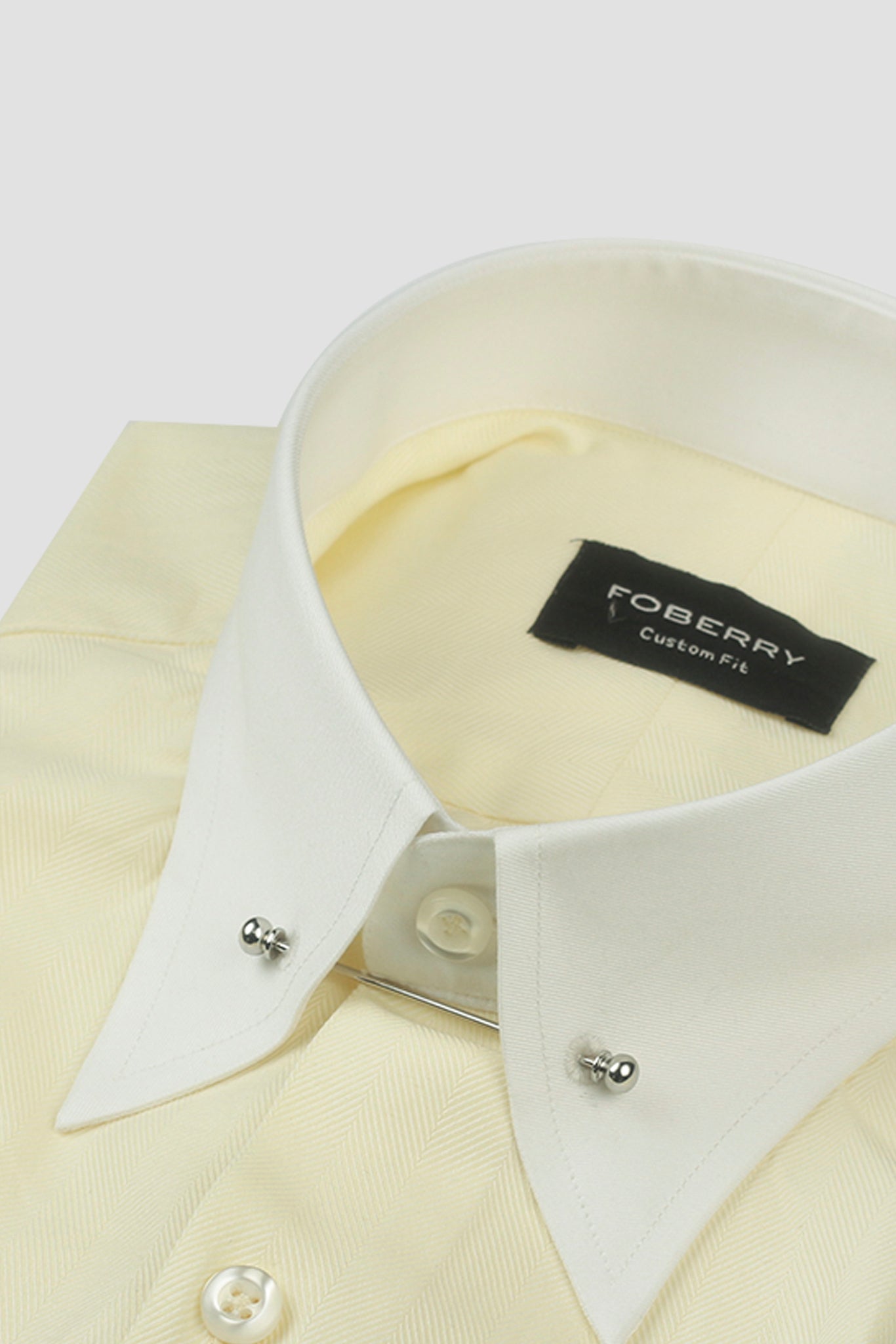 Pastel Yellow Herringbone Pin Collar Shirt