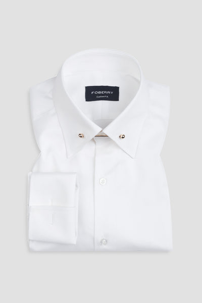 White Twill Pin Collar Shirt - Gold Pin