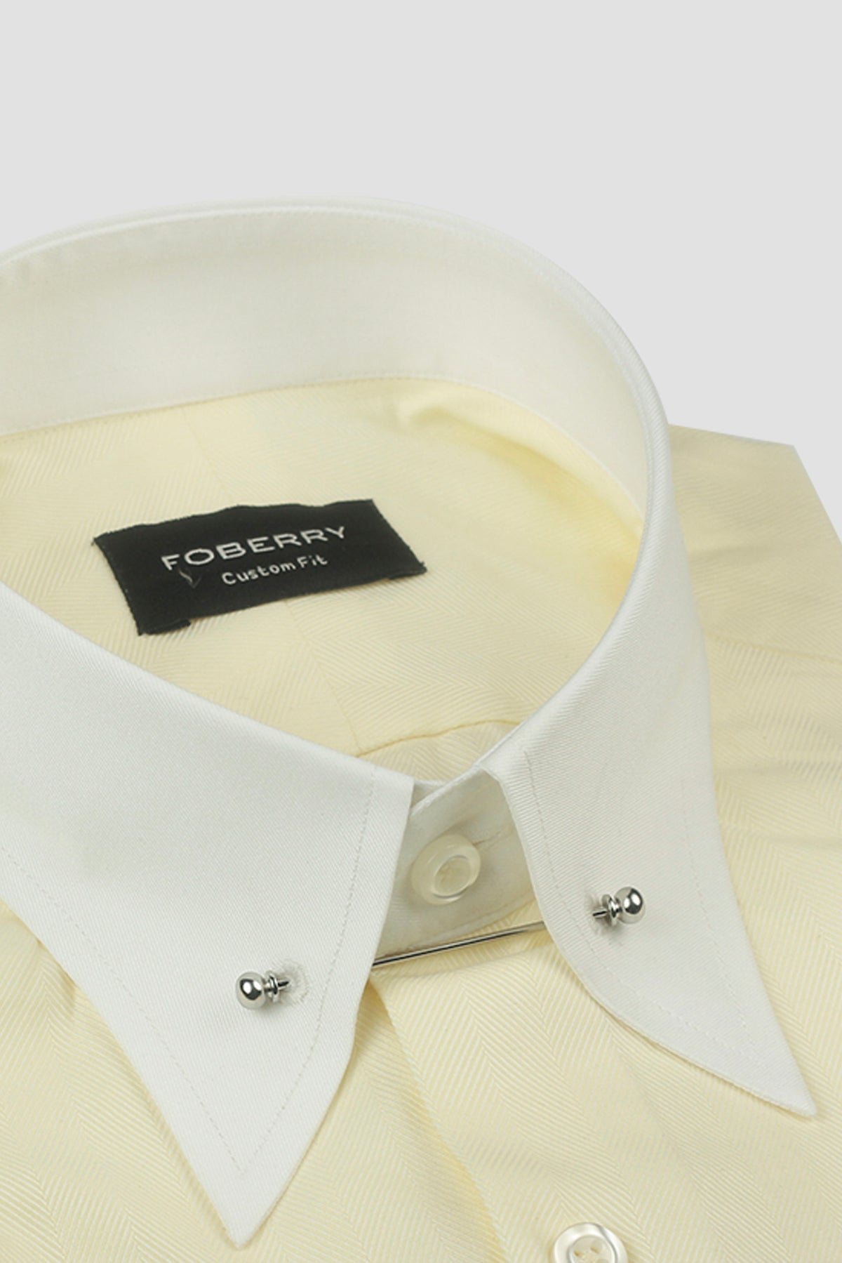 Pastel Yellow Herringbone Pin Collar Shirt
