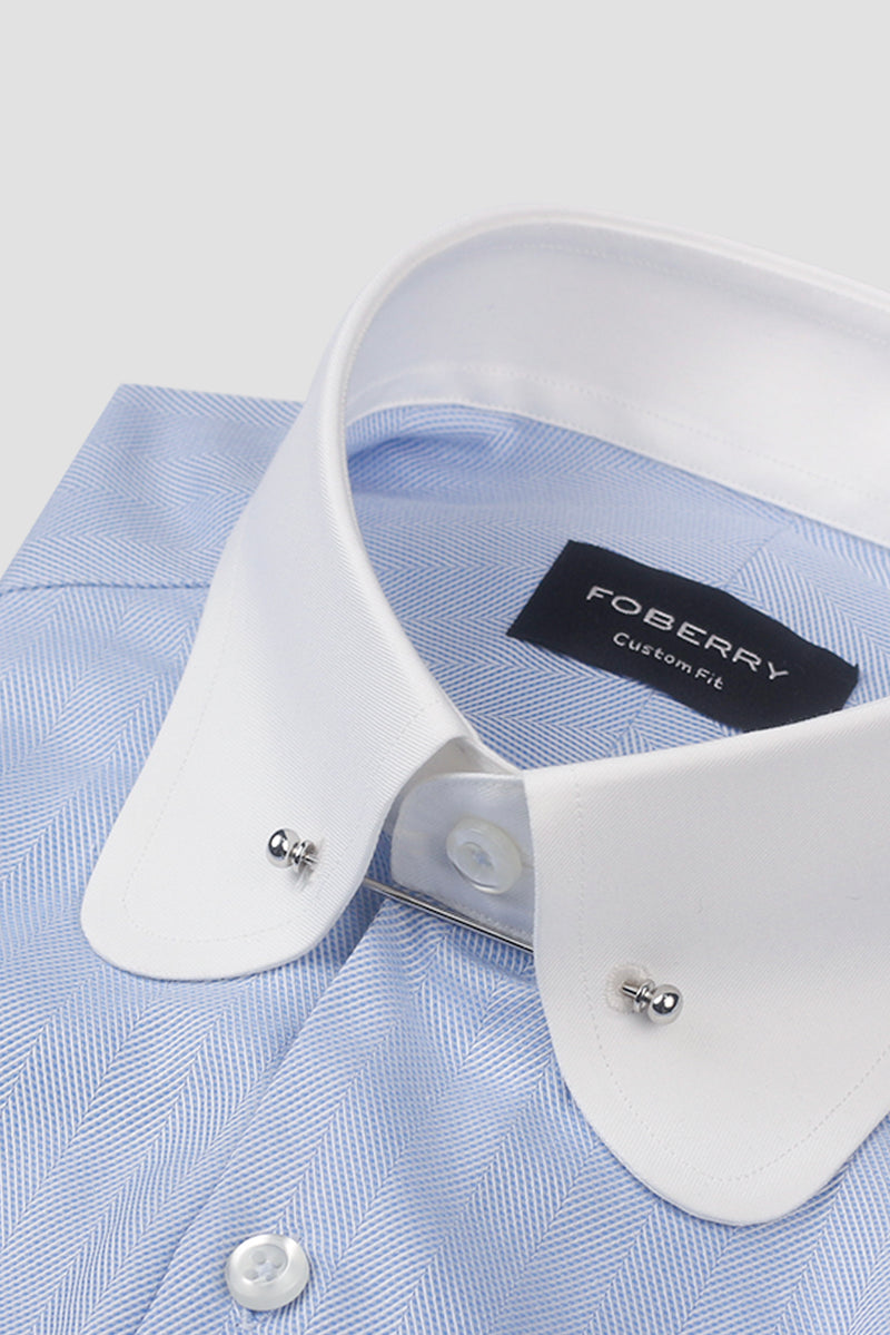 Sky Blue Herringbone Pin Collar Shirt