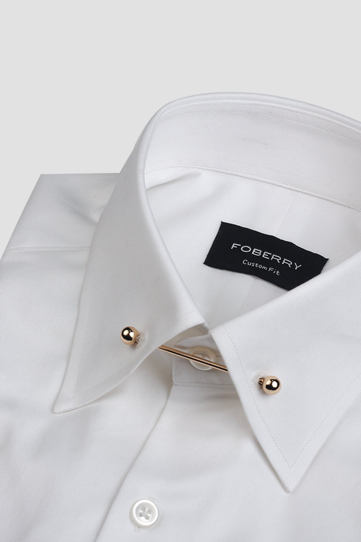 White Twill Pin Collar Shirt - Gold Pin