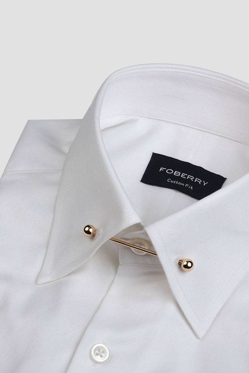 White Twill Pin Collar Shirt - Gold Pin