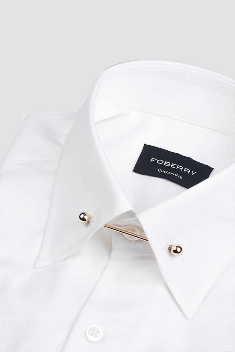 White Twill Pin Collar Shirt - Gold Pin