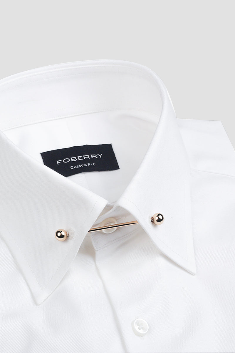 White Twill Pin Collar Shirt - Gold Pin