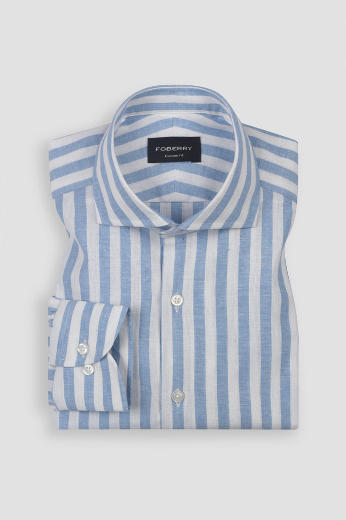 Bold Sky Blue Cotton Linen Striped Shirt