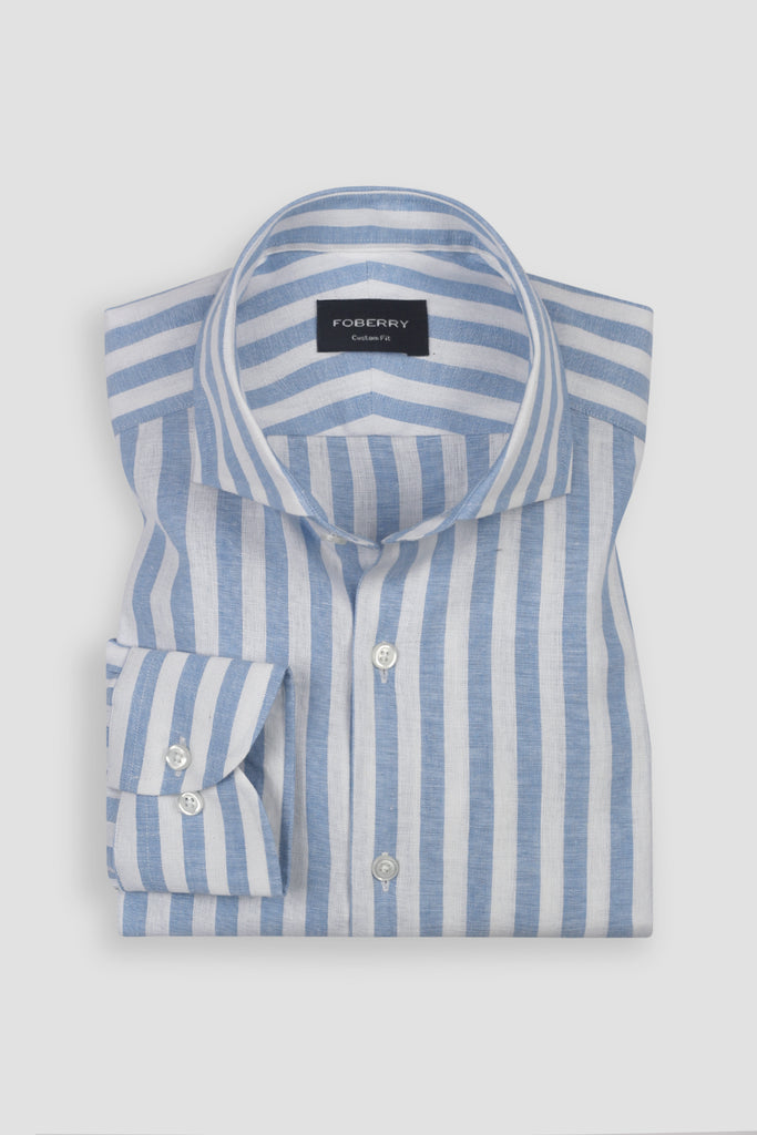 Bold Sky Blue Cotton Linen Striped Shirt