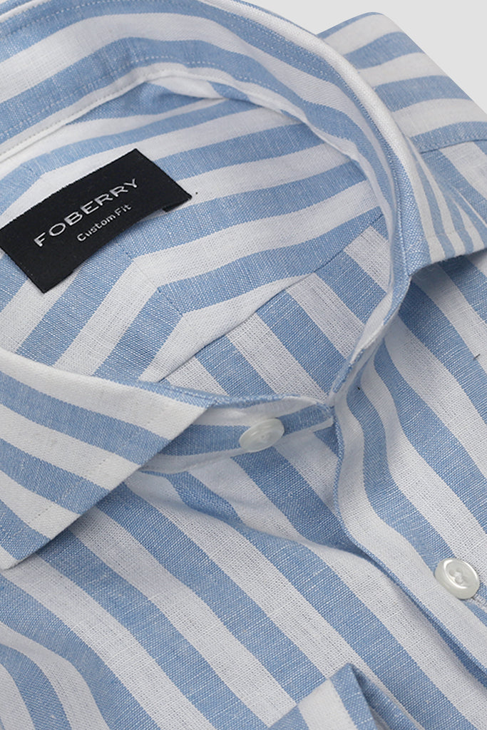 Bold Sky Blue Cotton Linen Striped Shirt