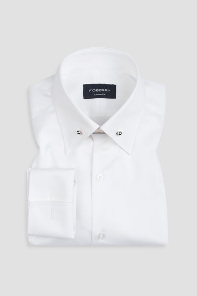 White Twill Pin Collar Shirt - Silver Pin