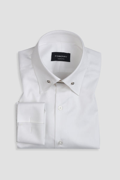 White Twill Pin Collar Shirt - Silver Pin