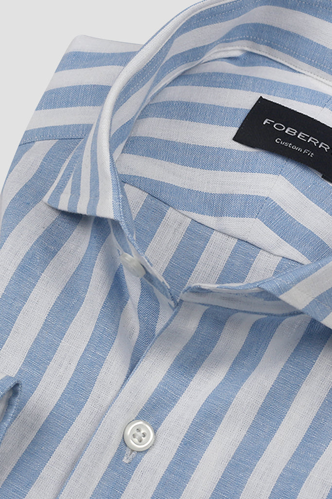 Bold Sky Blue Cotton Linen Striped Shirt