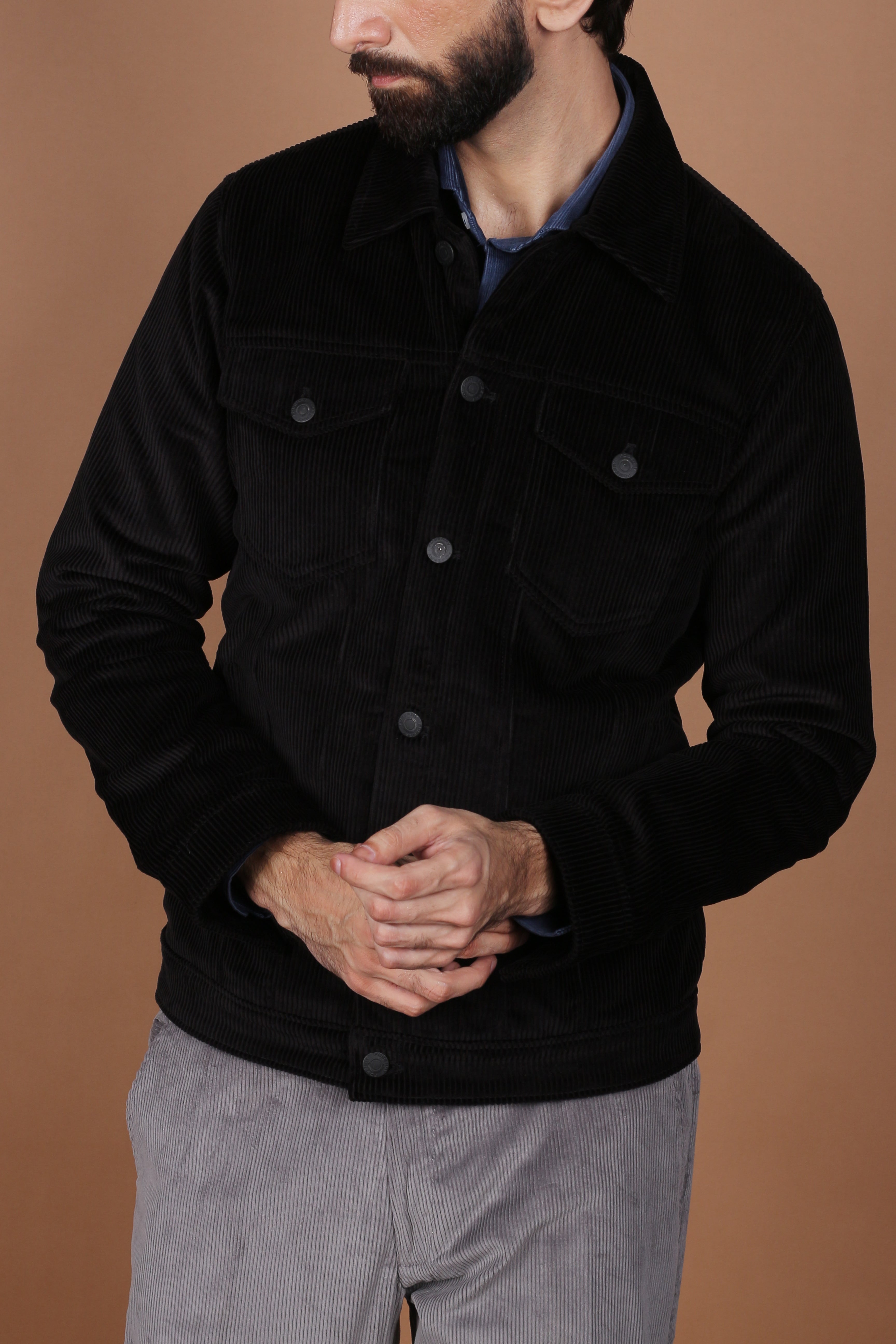 Black Wide Wale Corduroy Jacket - Foberry Pakistan