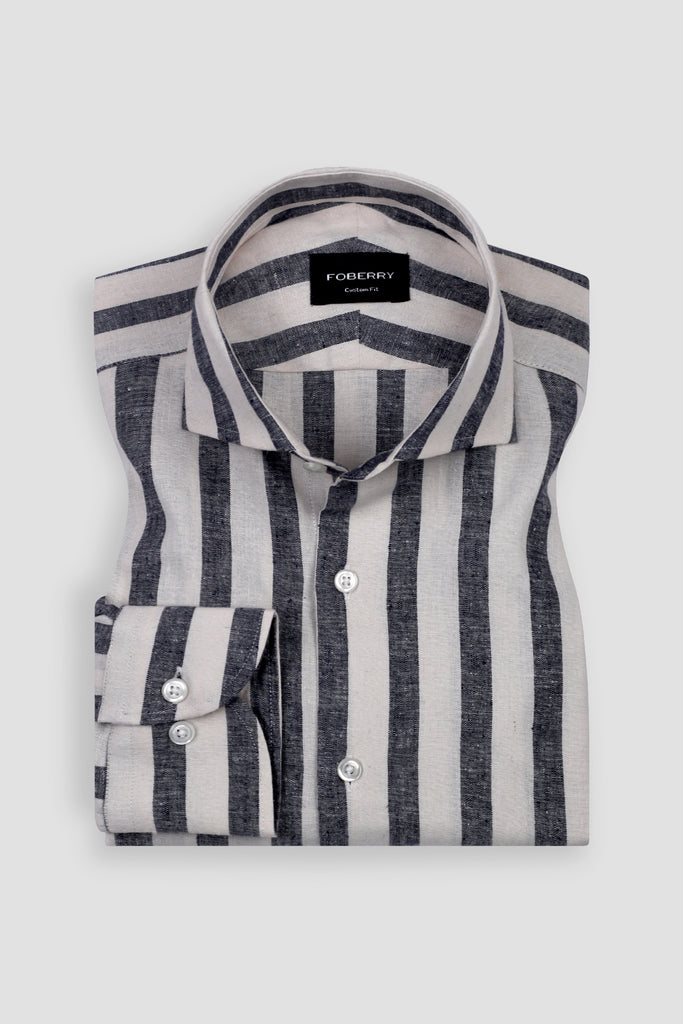 Bold Charcoal Cotton Linen Striped Shirt