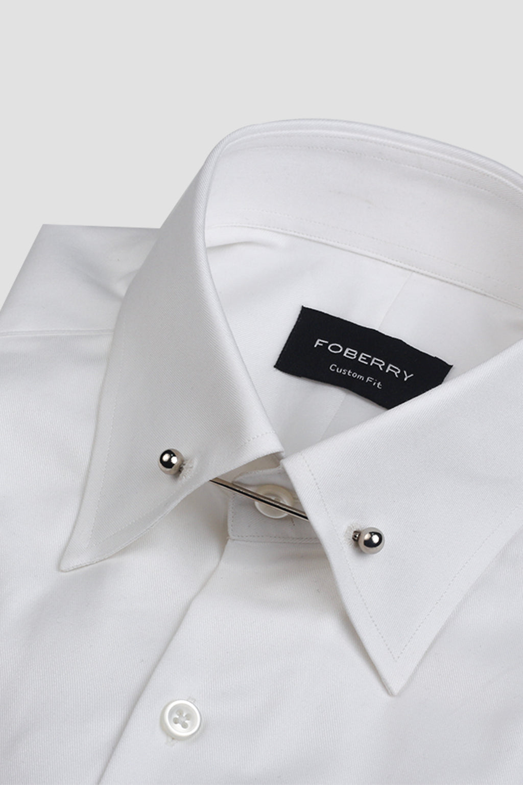 White Twill Pin Collar Shirt - Silver Pin