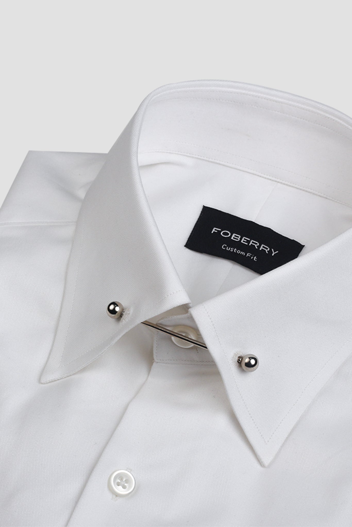 White Twill Pin Collar Shirt - Silver Pin