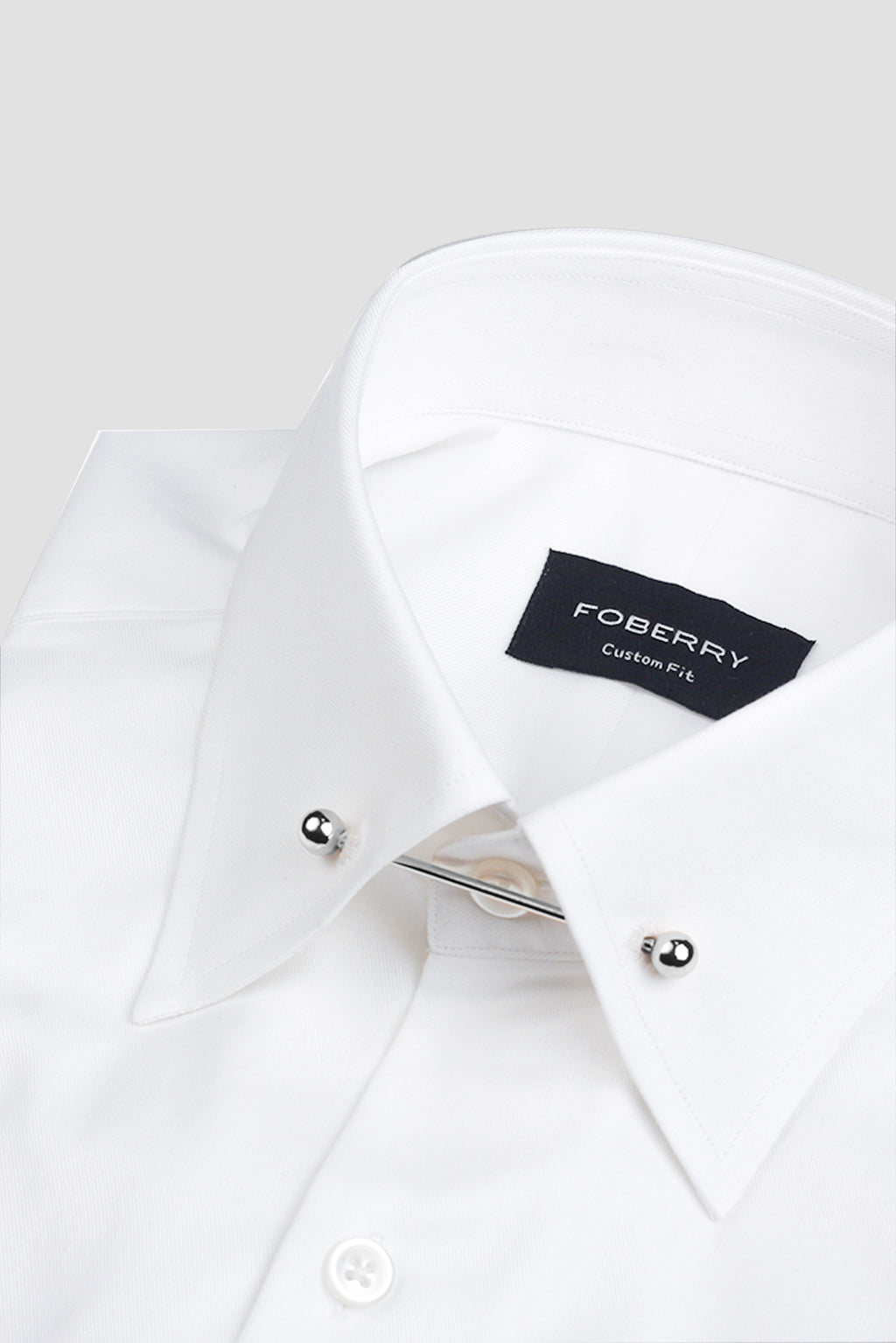 White Twill Pin Collar Shirt - Silver Pin