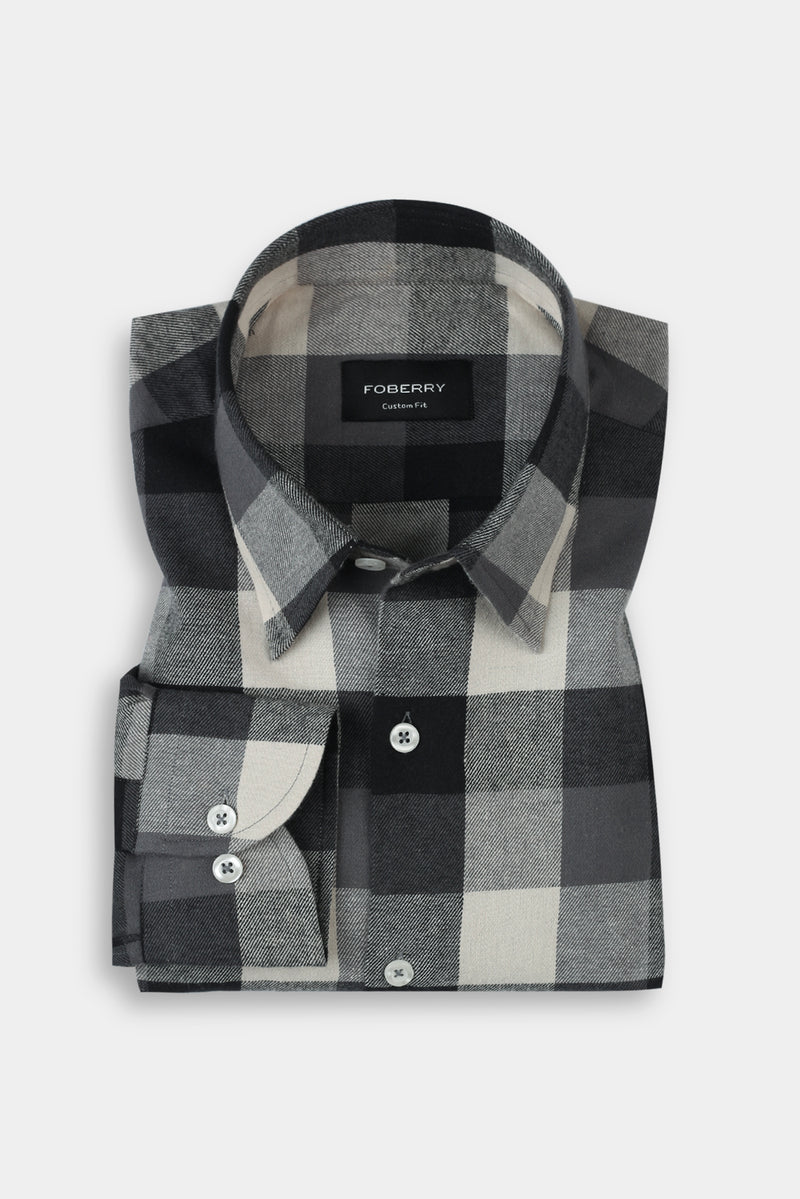 Soft Black & White Windowpane Winter Flannel Shirt