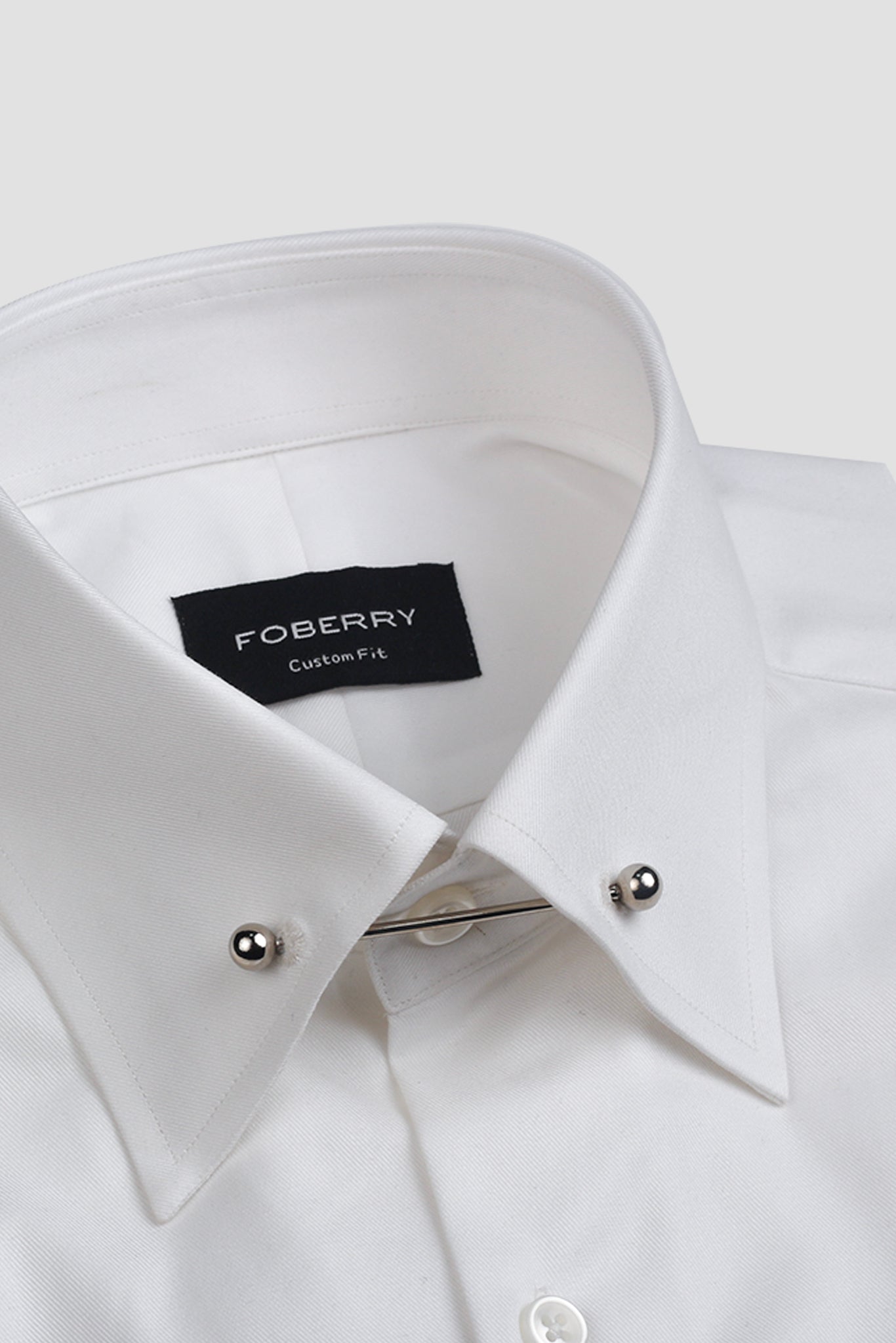 White Twill Pin Collar Shirt - Silver Pin