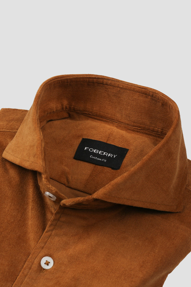 Tan Brown Corduroy Shirt - Cut Away Extreme Collar - Foberry Pakistan