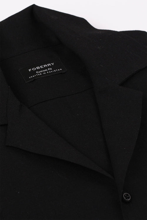 Black Linen Camp Collar Shirt - Foberry Pakistan