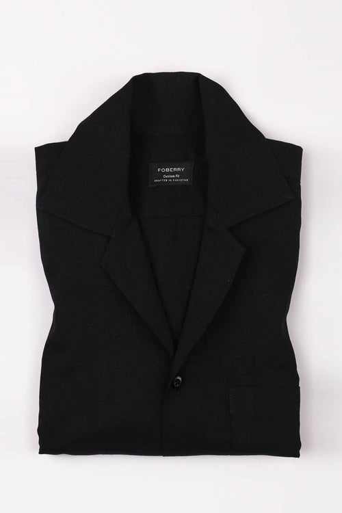 Black Linen Camp Collar Shirt - Foberry Pakistan