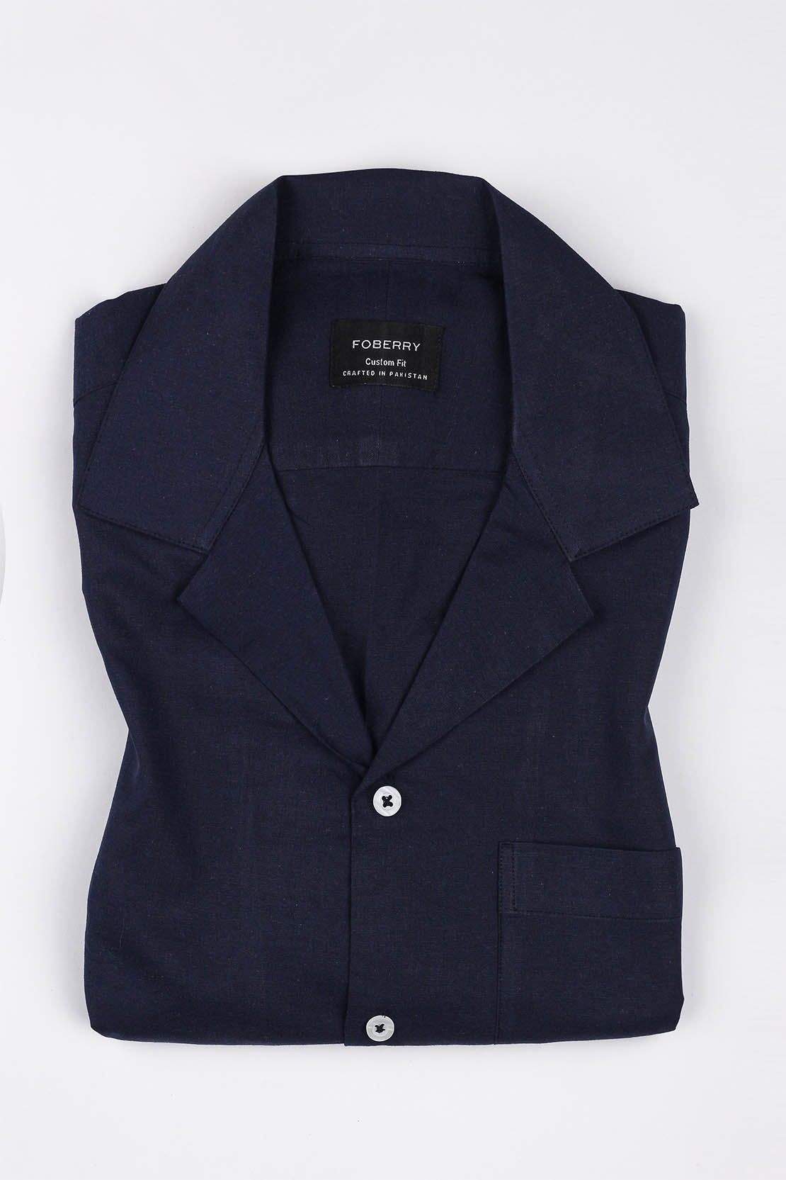 Navy Blue Linen Camp Collar Shirt - Foberry Pakistan