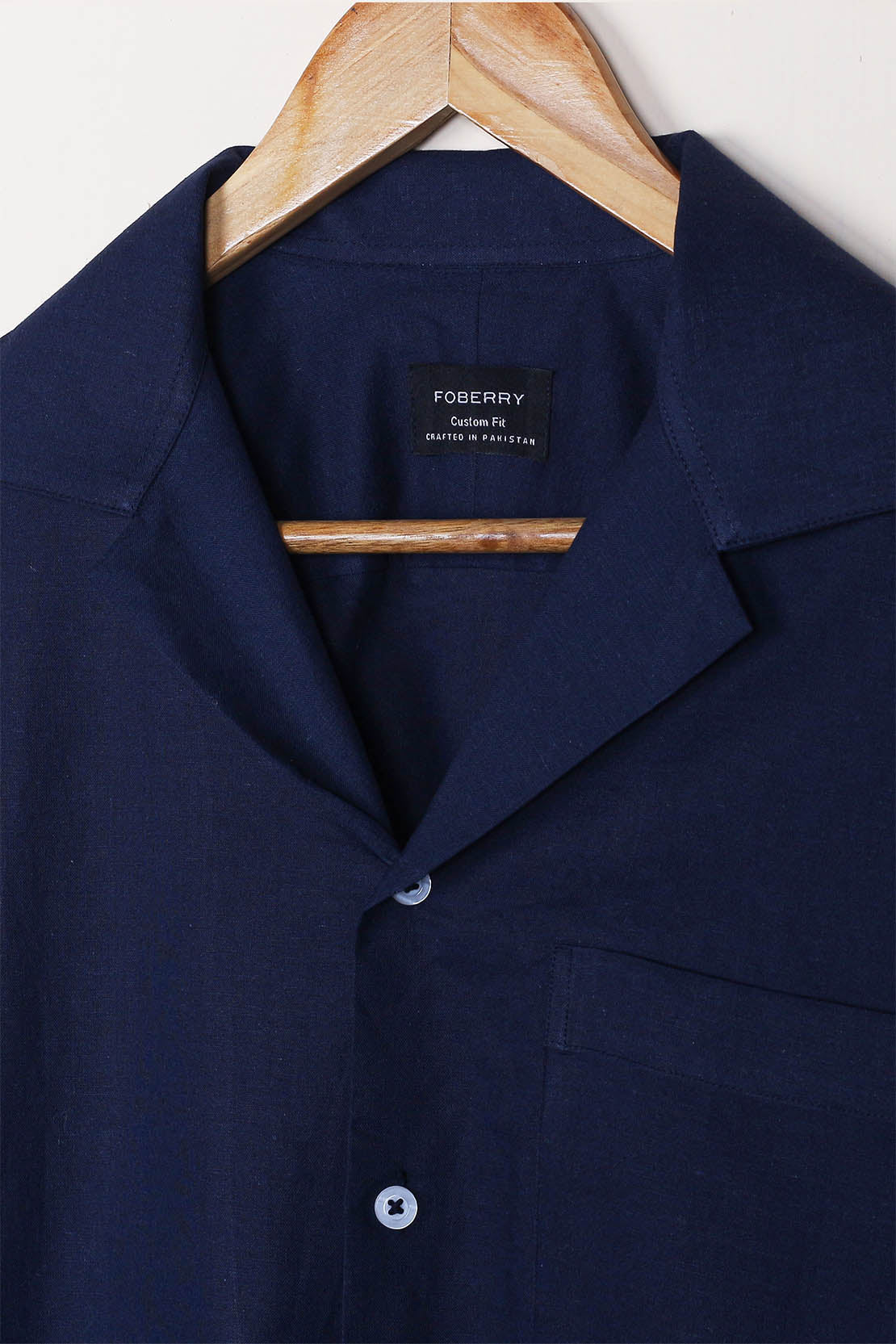 Navy Blue Linen Camp Collar Shirt - Foberry Pakistan