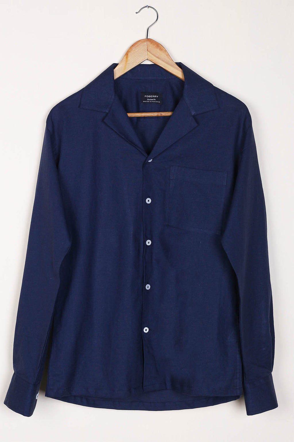 Navy Blue Linen Camp Collar Shirt - Foberry Pakistan