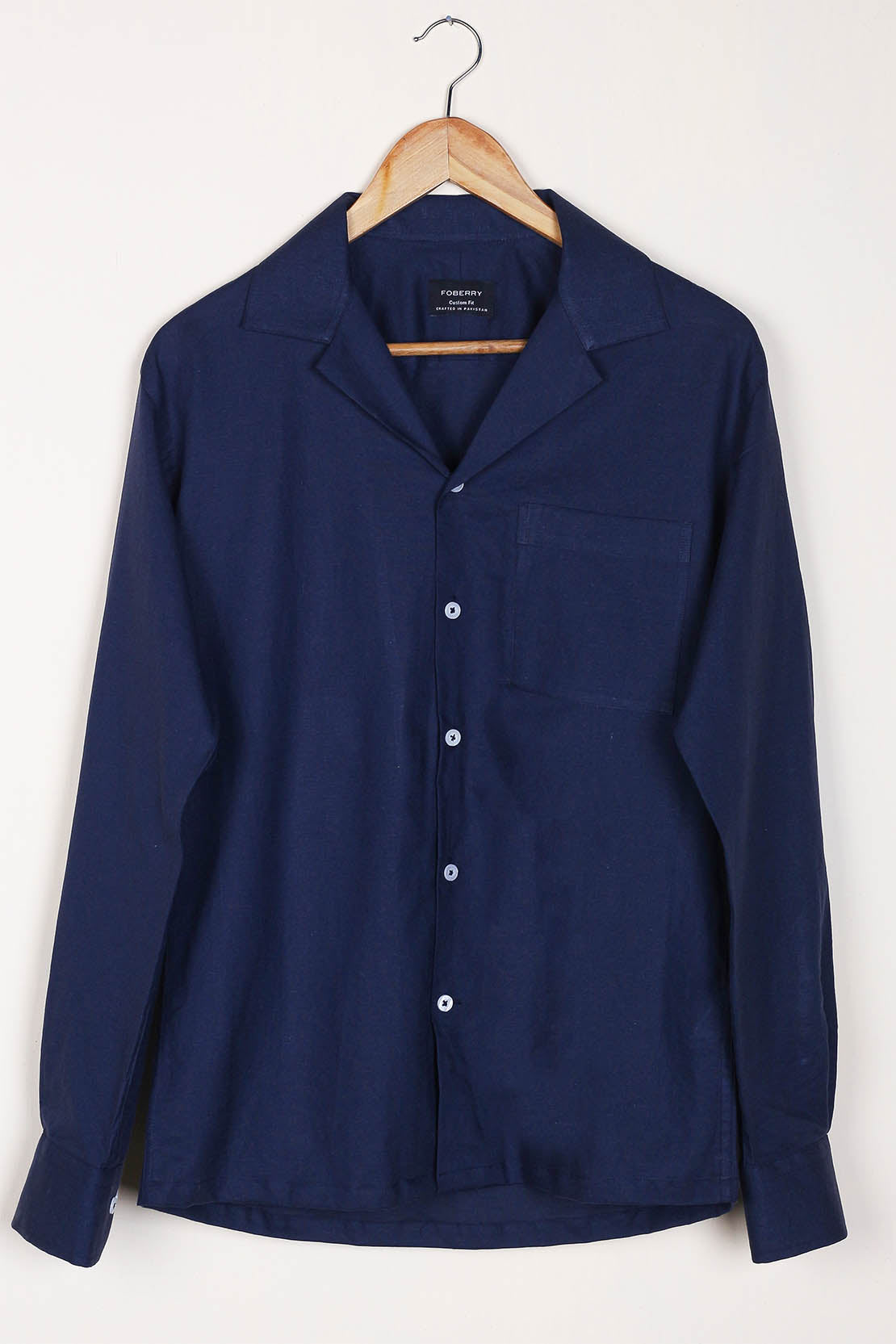 Navy Blue Linen Camp Collar Shirt - Foberry Pakistan